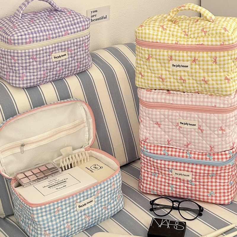 Cute Checkered Bow Makeup Bag  - Skincare B Erl 评论和价格