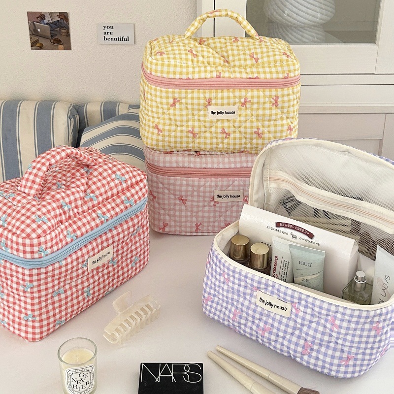 Cute Checkered Bow Makeup Bag  - Skincare B Erl 评论和价格