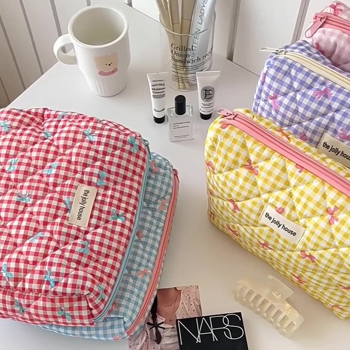 Cute Checkered Bow Makeup Bag  - Skincare B Erl 评论和价格